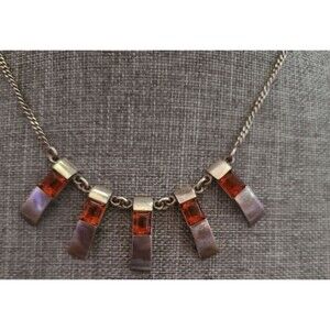 Vintage Sterling Silver Baltic Amber Modernist Necklace - 16 in - & earrings (M)